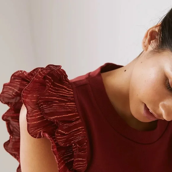 Anthropologie Burnt Red Fall Lurex Ruffle Sleeve Metallic Tank Blouse Shirt Sz S - Picture 2 of 9